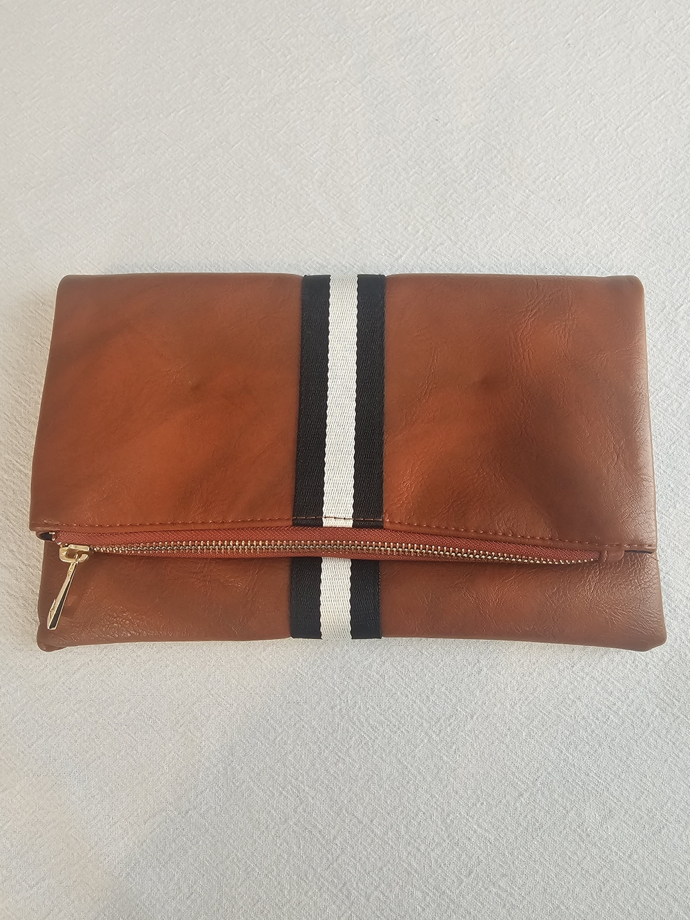 Funky Monkey Cognac Foldover Clutch with Black/White Stripe